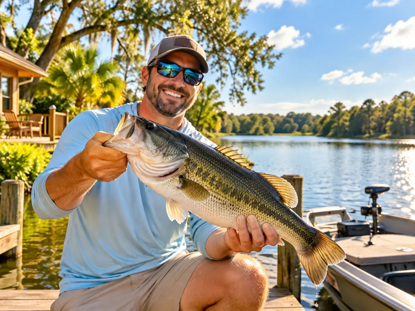 Illustrative angler holding largemouth bass