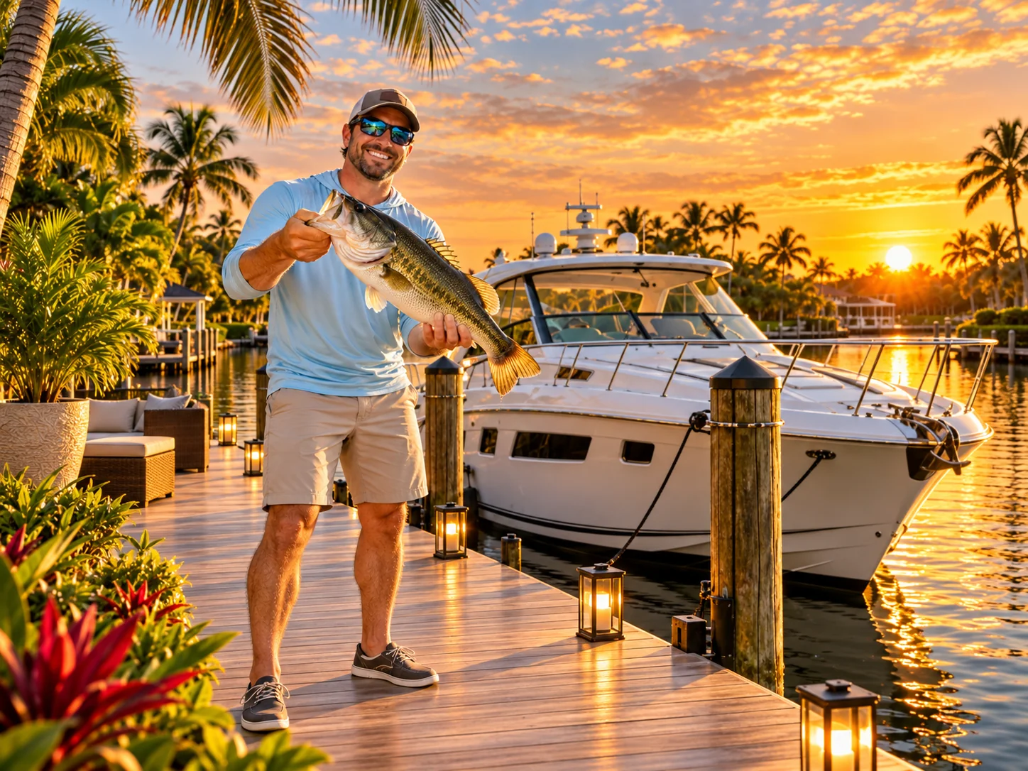 Illustrative smiling angler holding a bass beside a boat
