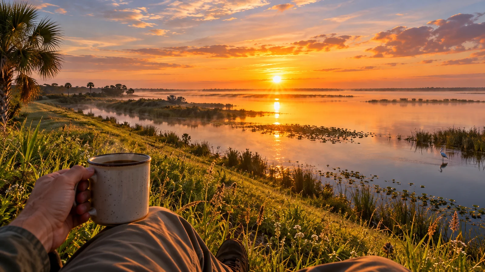 Artistic concept of enjoying coffee while watching sunrise from a levee