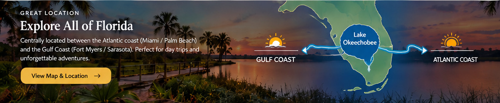 Explore All of Florida: sunset photograph with Florida peninsula, Lake Okeechobee, a stylized water connection, and Gulf and Atlantic coast sunshine icons.