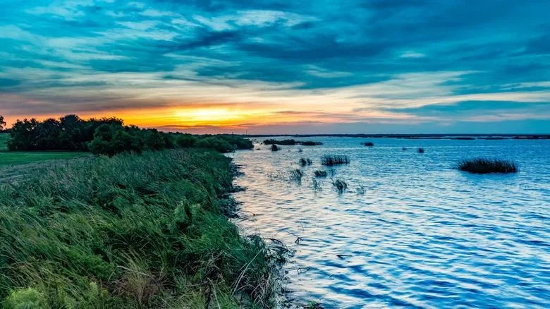 Blue-hour lake landscape